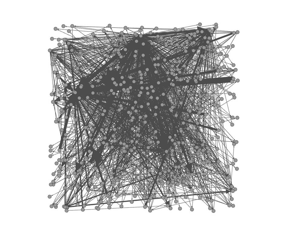 The Issue Crawler network upon first loading it into Gephi.