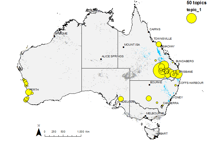This geotopic from the 50-topic run combines an area in the Surat Basin with another on the West Australian coast.