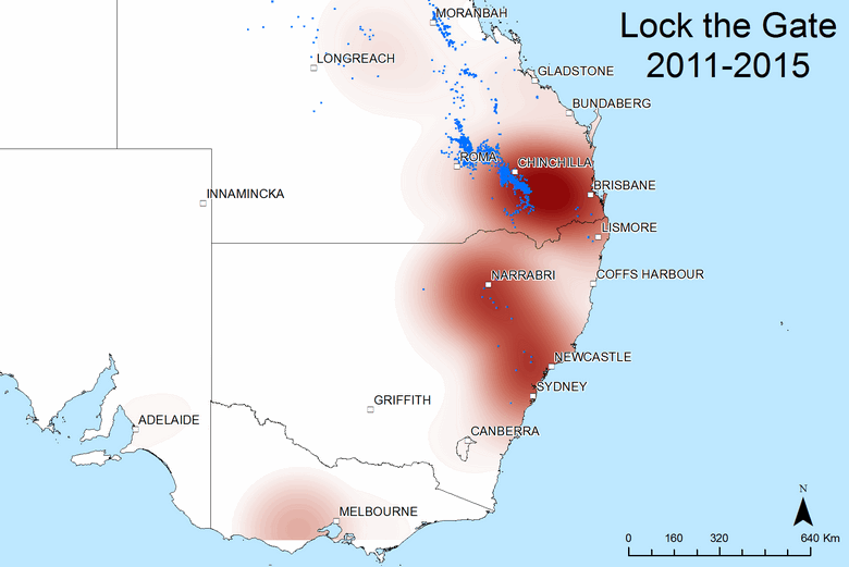 Figure #. The geographic scope of coverage by the Lock the Gate Alliance from 2011 to 2015.